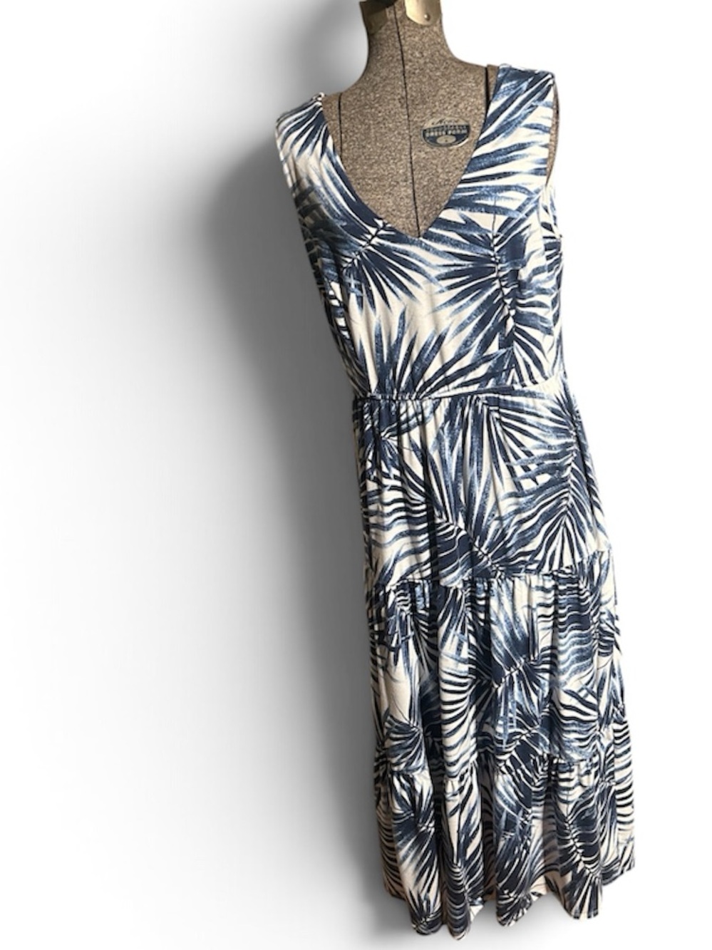 Sleeveless Blue Palm-Print V-Neck Dress
